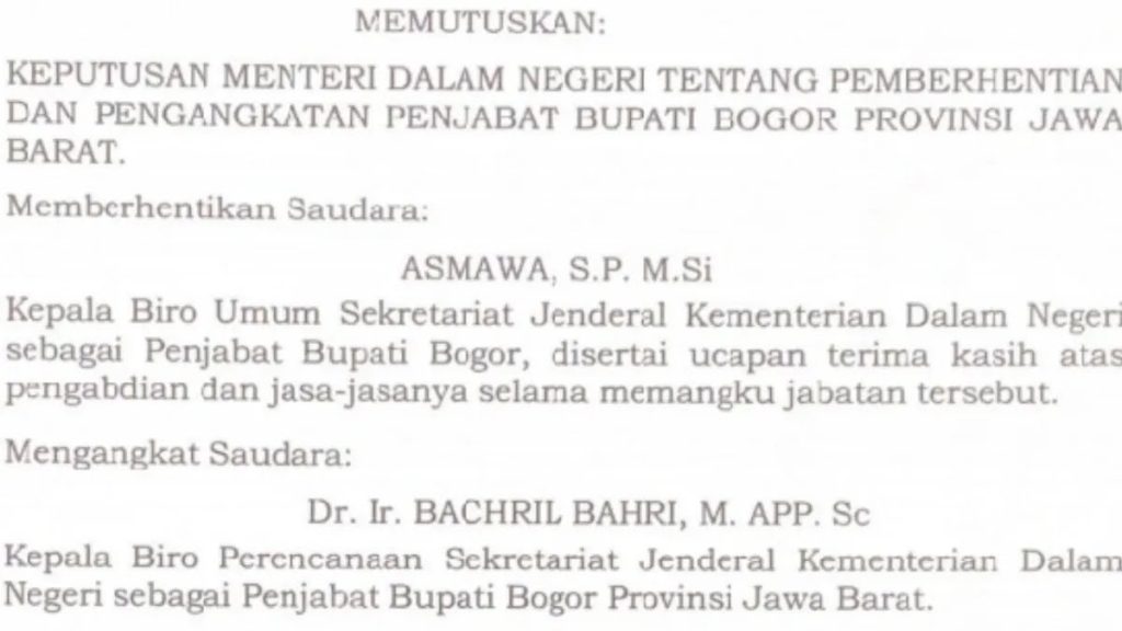 Mendagri Tito Karnavian Berhentikan Asmawa Tosepu Sebagai Pj Bupati Bogor, Dr. Ir. Bachril Bahri Dilantik Sebagai Pengganti