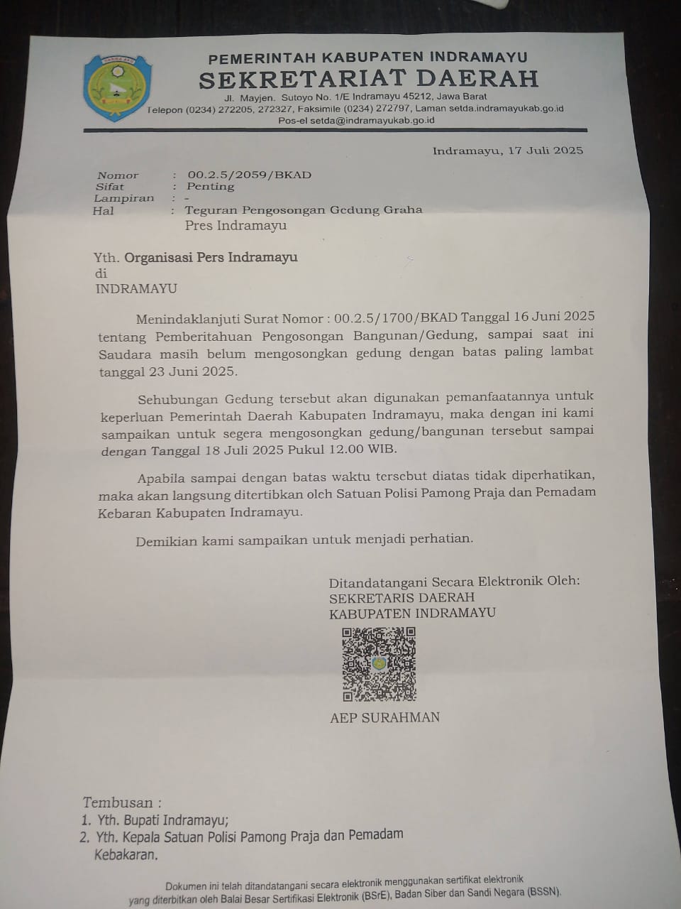 Surat Sekda Indramayu 